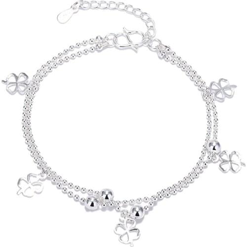 Fashion 925 Sterling Silver Bracelet Fine Lucky Womens Link Romantic Double Layer Clover Chain Bangle Wedding Jewelry Gifts
