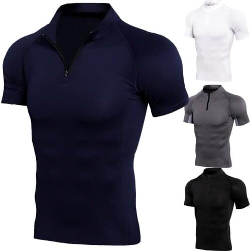 Mens Zipper Fitness Short Sleeve Training Running Elasticity T-shirt Sports Fast-drying Clothes Tight Leisure Short Sleeves