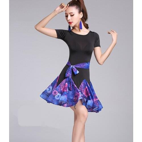 2018 New Latin Dance Dress Women Purple blue print Net Yarn Adult Samba Costume Lady Competition Performance Wear Dresses