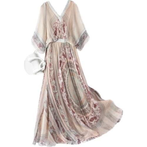 Obsessed with lavender. New fashion loose high-end silk printed dress holiday temperament dress silk
