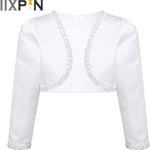 Girls Beaded Bolero Satin Shrug Shawl Long Sleeve Coat Open Front Cardigan Birthday Flower Girl Dresses Jacket Kids Wrap Outwear