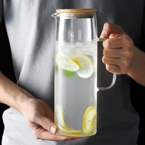 Modern Fashion Cold Water Bottle Large Capacity Glass Lemon Water Bottle Wooden Lid with Handle Juice Cold Drink Bottle