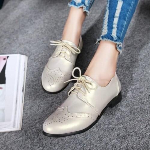 PXELENA 2019 Women Oxfords Flats Shoes Lace Up Round Toe Brand Fashion Causal Brogue Shoes Women Beige Black Large Size Wing Tip