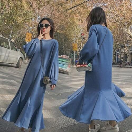 Spring autumn new pure blue dress was thin long fishtail casual Vestidos female loose wild Hedging dress 2020 new A743