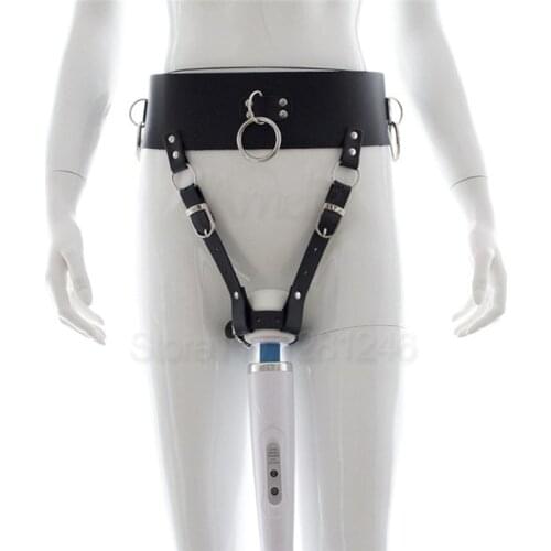 Adult Game PU Leather Forced Orgasm Belt Female Chastity Belt Magic Wand Holder bdsm Bondage Harness Strapon Sex Toys for Couple