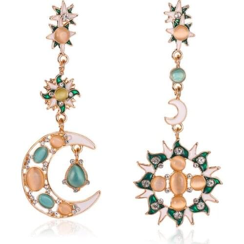 Occident New Earring Colorful Exaggerated Asymmetric Opal Earrings Baroque Long Sun Moon Stud Earrings for Women Girl Jewelry