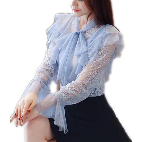 Women Spring Chiffon Blouse Mesh Tops Ruffled Long Flare Sleeve Shirts Ladies Elegant Lace Perspective Blusas Mujer 2019 Q1192