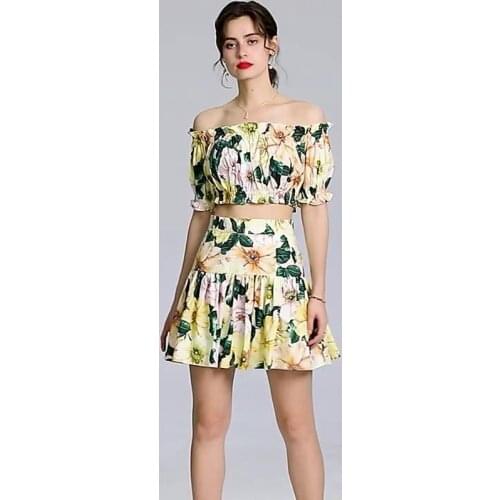 2021 Summer Womens Two-piece Fashion Camellia Elastic One-Shoulder Top + High Waist All-match Cotton Skirt Suit
