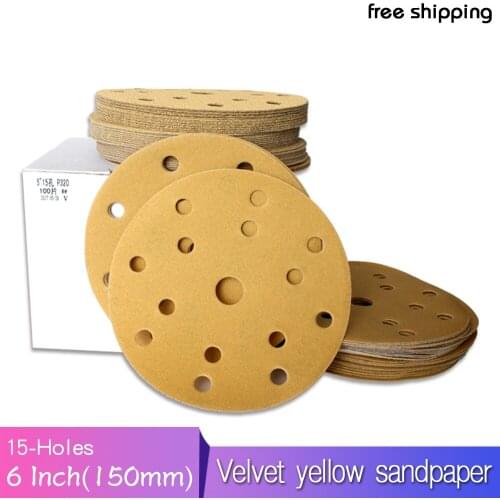 10 PCS Flocking Yellow Sandpaper 6 Inch 15 Hole Self-adhesive for Polishing Abrasive Tools Electric Grinder Accessories