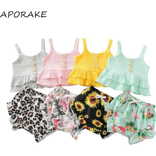 2021 0-4Y Cute Baby Girls Clothing Summer Fashion Solid Color Ruffles Suspender Tops+Sunflower/Floral/Leopard Triangle Shorts