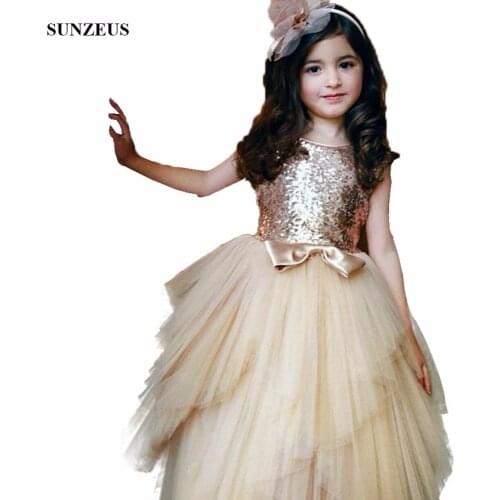 Sparkle Sequins Lace Flower Girl Dress Long Champagne Girls Party Gowns With Bow Free Shipping FLG069