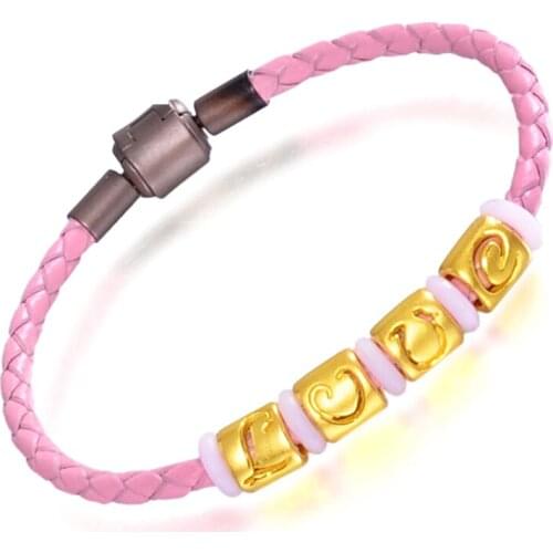 Pure 24K Yellow Gold Bracelet Lucky Weave With LOVE 6.7"L