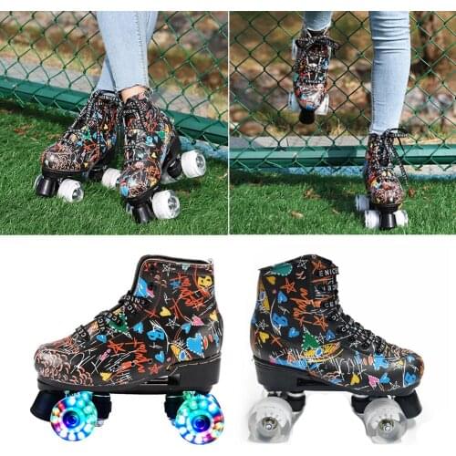 Childrens Adult Double Row Roller Skates Roller Skates Double Row Black Graffiti Flash Roller Skates Sneakers