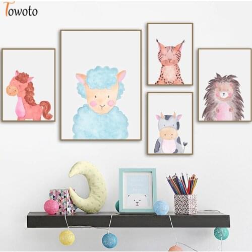 Farm Animal Canvas Painting Watercolor Poster Baby Cow Animals Prints Woodland Nursery Wall Art Kids Room Decoration Pictures