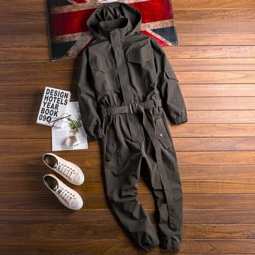2021 New Summer Men Jumpsuit Hooded Long Sleeve Multi-Pocket Beam Feet Overalls Streetwear Clothing Cargo Pants Hip Hop