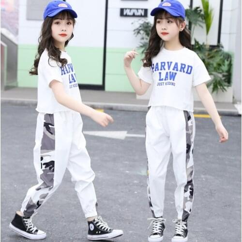 Summer Teen Girls Clothing Set Children Cotton T-shirt Tops Pants 2Pcs Kids Outfits Hip hop Dancing Clothes For 4 8 10 12 14 Yrs