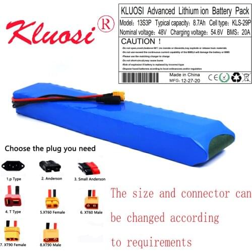 KLUOSI 48V 8.7Ah 8Ah 13S3P 250W 450W 500W 750W 54.6V Lithium Rechargeable Battery Pack Built-in 20A BMS for Scooter Ebike Motor