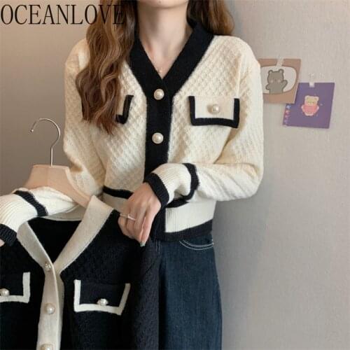 OCEANLOVE Elegant Cardigans Contrast Color V Neck Autumn Winter Clothes Vintage Korean Sweaters Women Short Jaquetas Feminina
