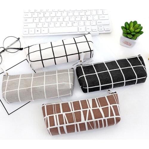 Simple Striped Plaid Canvas School Pencil Case Stationery Storage Zipper Bag