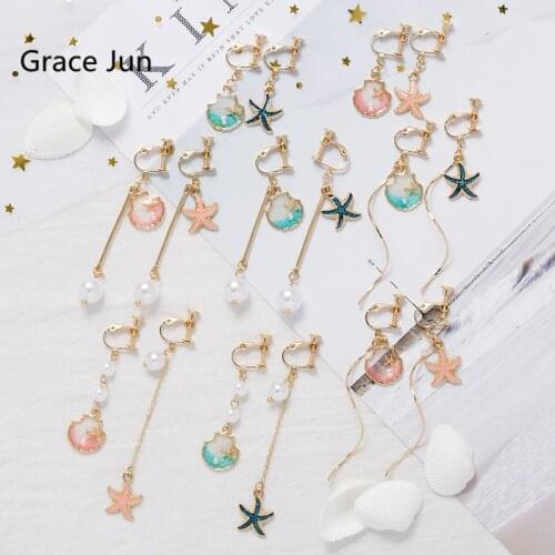 Korea Style Colorful Seashell Starfish Clip on Earrings No Pierced for Women&Girl Party Hot Sale Long Chain Tassel Earrings New