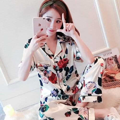 Silk Pajamas For Womens Set Pyjamas Button Spring Mujer Pijama Sleepwear Woman Pizama Damska Summer 2Pcs Suit Homewear Flowers