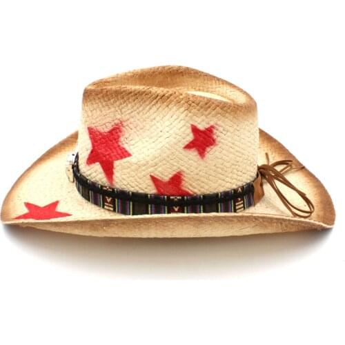 Women Men Straw Western Cowboy Hat With Bohemia Bull Head Ribbon Star Lady Dad Sombrero Hombre Cowgirl Jazz Caps Size 58CM