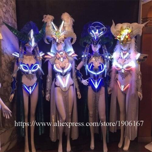 Led Luminous Ballroom Women Costume Sexy Lady Catwalk Show Evening Dress Dancing Nightclub Party Stage Clothing With Headwear