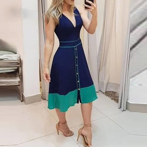 Dark blue sleeveless color matching waist dress