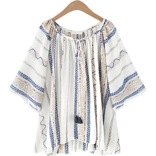 Plus Size Cotton and Linen Printed Womens Blouse Casual O-Neck 3/4 Sleeve Female European and American Style Summer Womens Tops