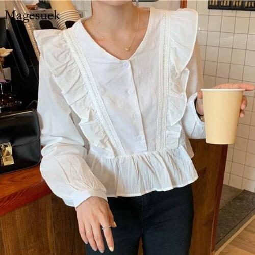 Korean Style Sweet and Cute V-neck Blouse Women Ruffle Stitching Long Sleeve Solid Button Shirt Blusas Mujer De Moda 2020 11666