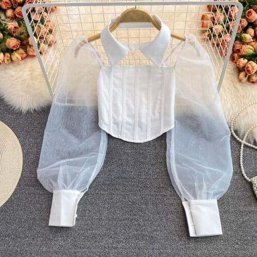 Autumn New Style Sexy Halter Neck Turn-Down Collar Mesh Patchwork Blouse Female Designer Slim Long Sleeved Backless Shirts