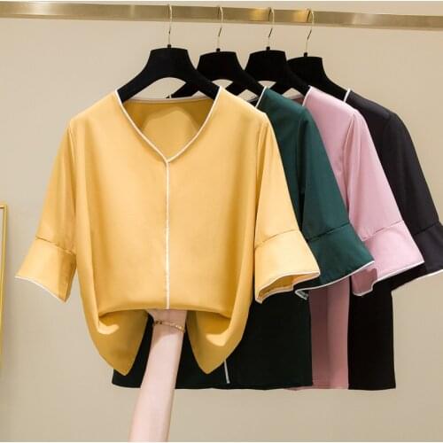 V Neck Chiffon Short Sleeved Plus Size Oversized Korean Fashion Summer WomenS Clothing Vintage Shirts Blouses Top New 2021