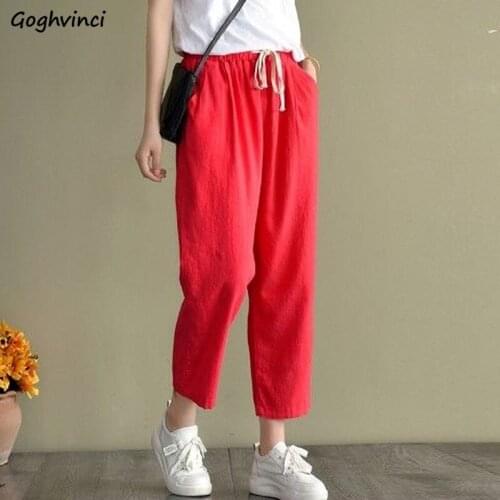 Ankle-length Pants Women Summer Solid High Waist All-match Streetwear Korean Style Loose Leisure Breathable Chic Female Trousers