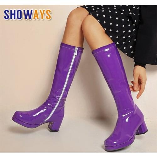 Plus Size Women Knee High Platform Boots Orange Red White Patent Leather High Block Heel Lady Round Toe Zipper Long Riding Boots