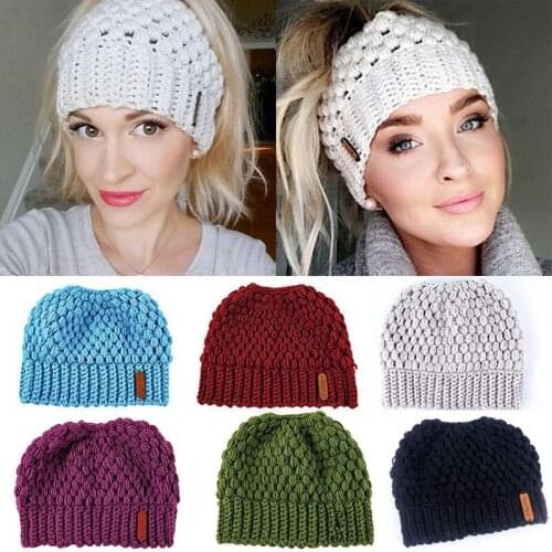 Women Caps Girls Stretch Knit Hat Messy High Bun Warm Hole Hot Sale Hollow Out Elegant Ladies Solid Accessories