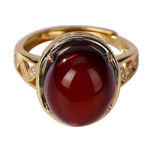 925 sterling silver gold-plated natural amber blood amber ring personality hollow out egg noodles Womens Open ring