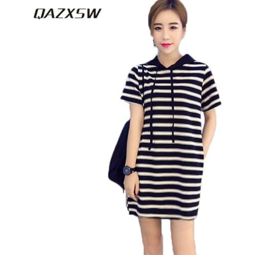 QAZXSW 2019 New Plus Size Dresses For Women Summer Dress Harajuku Striped Hooded Shirt Dress Teenager Girl Dress Vestidos HB651