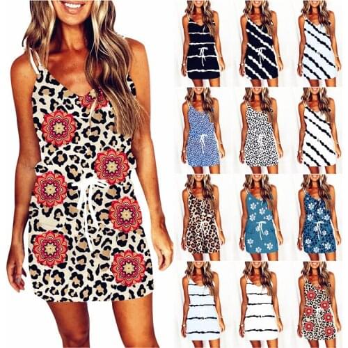 Women Loose Boho Vintage Leopard Denim Ruffles Belt Button Dress Strap Camis Elegant Party Beach Dresses Plus Sizes