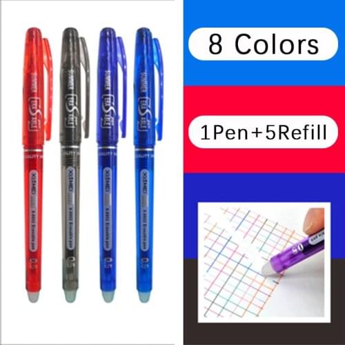 1+5pcs/set 8 Colors Ink Erasable Pen 0.5mm Magic Ballpoint Pen Rollball Pen Refills Rod Washable Handle School Office Supplies