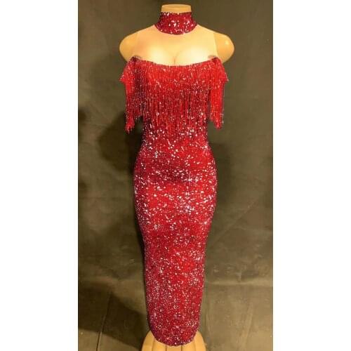 2020 Flashing Sparkle Tassels Long Dress Sexy Women Party Bar Dresses Birthday Celebration Dress Singer Concert Dancer Costumes