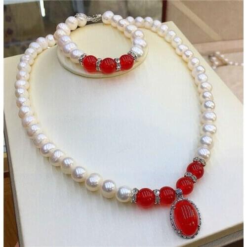 7-8 MM white freshwater Pearl red jade necklace bracelet set