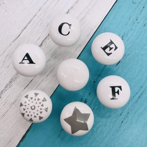 Alphabet Painted Pattern White Ceramic Knobs 33mm Cabinet Puller Drawer Pull Handle Kitchen Door Wardrobe Cupboard Knob Hardware