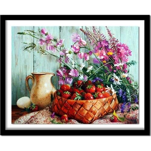 Diamond Embroidery Flowers and Strawberry Painting of Rhinestone Full Square Diamond Needlework Unfinished Craft