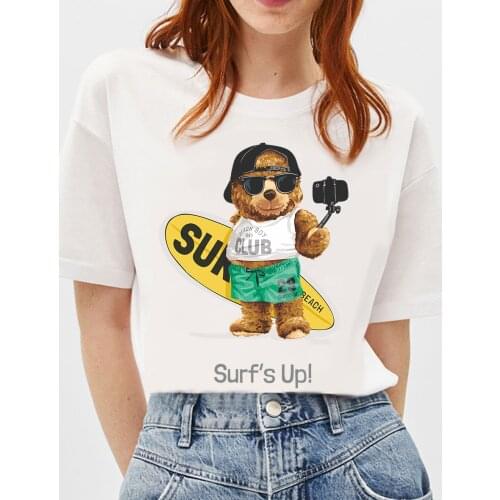BLINGPAW Cute Teddy Bear Surfs Up Letter Print T-shirt White Cotton Unisex Top&Tees Summer Custom Tee Shirts 16 COLORS