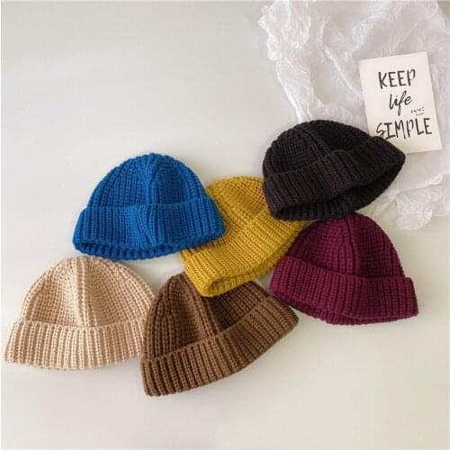 8745 Childrens Wool Hat Solid Color Japanese Baby Knitted Hat Autumn Gourd Skin Hat Boys And Girls Curled Hat Tide
