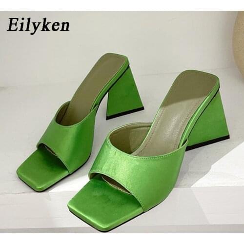 Eilyken 2021 New Fashion Design Triangle High Heels Women Slippers Summer Elegant Square Toe Thick Soled Ladies Shoes Sandals
