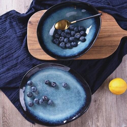 Exquisite Ceramic Dark Blue Steak Plates Nordic Ocean Series Irregular Breakfast Snacks Fruit Dishes Kitchen Desktop Decoration