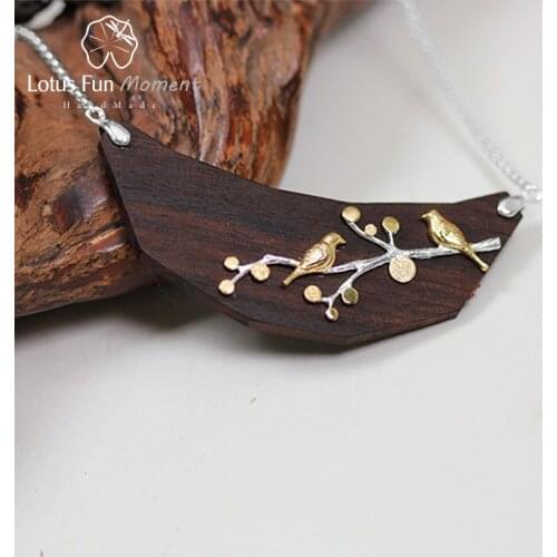 Lotus Fun Moment Real 925 Sterling Silver Natural Stone Vintage Fashion Jewelry Lovely Birds on Branches Necklace for Women