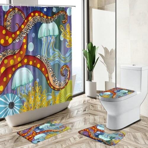 Cartoon Ocean Animal Shower Curtain Octopus Sea Horse Crab Colorful Painting Child Home Non-Slip Carpet Toilet Cover Floor Mat S