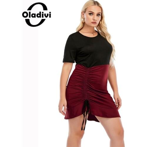 Oladivi Plus Size High Waist Drawstring Elastic Skinny Hip Bodycon Dress Womens Short Sleeve L-5XL Tight Short Mini Dresses A16
